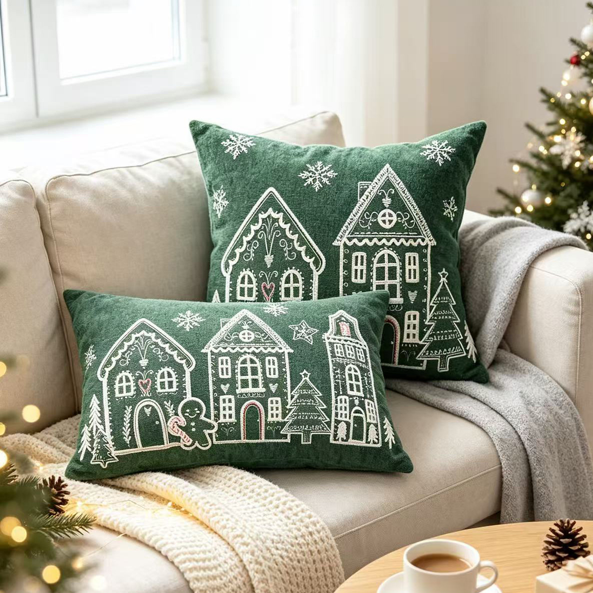 Embroidery Xmas - Christmas Chenille Cushion Cover Gingerbread House