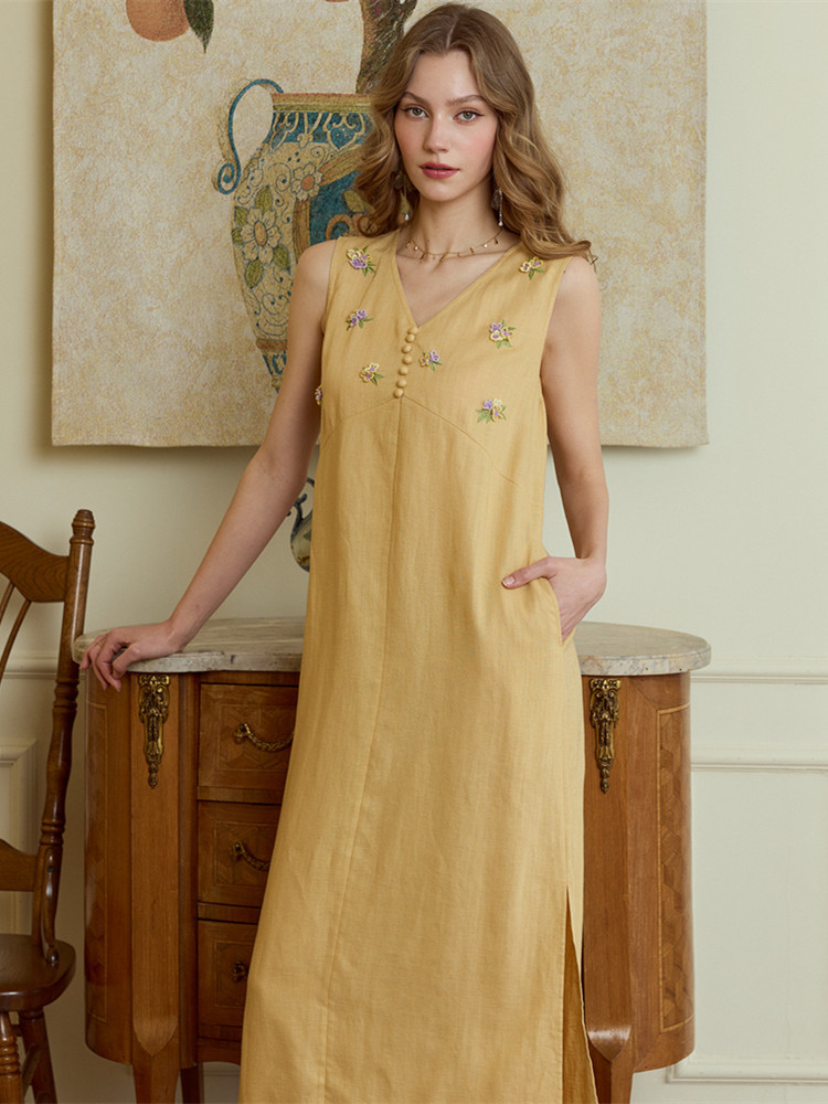 86-98cm Bust Summer Long Dress - Embroidery Yellow Dress review and price