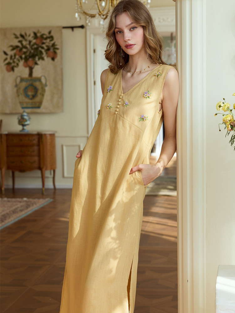 86-98cm Bust Summer Long Dress - Embroidery Yellow Dress review and price