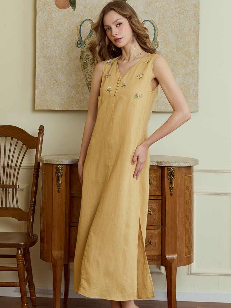 86-98cm Bust Summer Long Dress - Embroidery Yellow Dress review and price